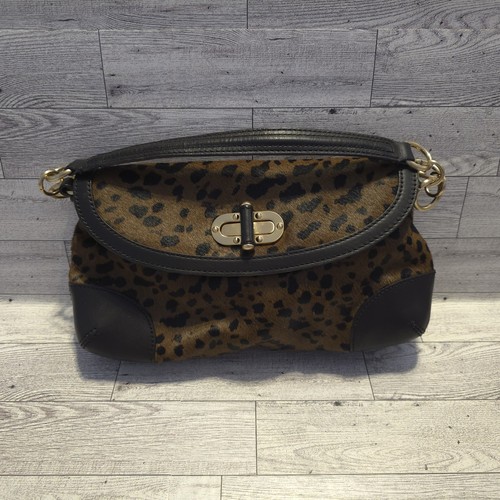 Ann Taylor Cheetah Animal Print Leather Bag Baguette Gold Chain Strap Turn Lock - Picture 1 of 17