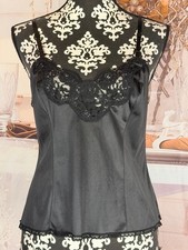 VTG 80 s Adonna Made in USA Black 100 Nylon Floral Laced Pullover Camisole 34
