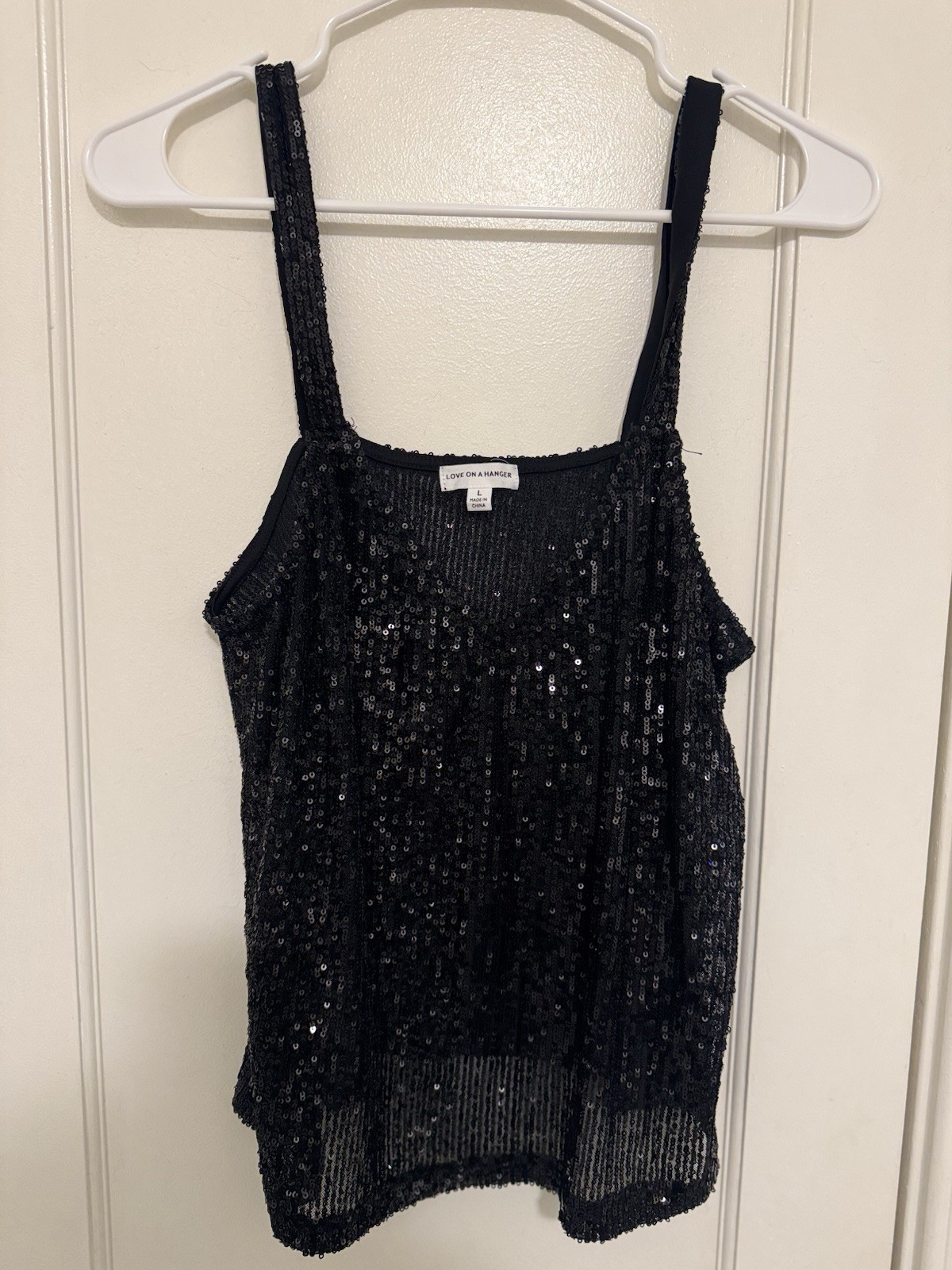 Black Sequin Sheer Top Sz L Love On A Hanger V-neck Sequin Strap Sleeveless