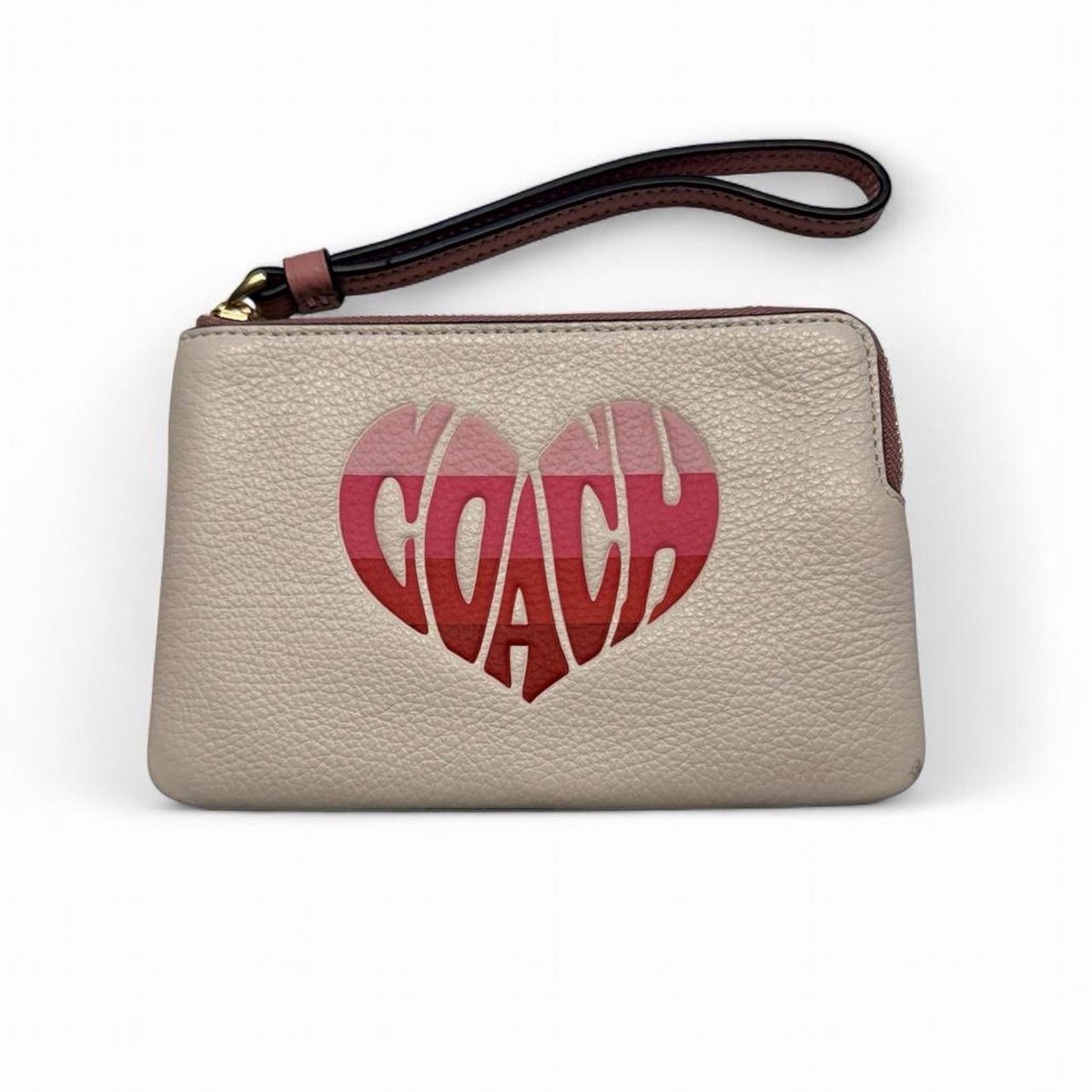 Coach Authentic Heart Logo Corner Zip Wristlet Pink Chalk Stripe