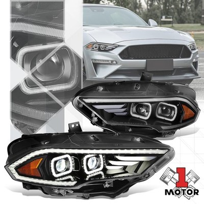 Black Amber Full LED 3D Light Bar Dual Projector Headlights for 18-23 Mustang