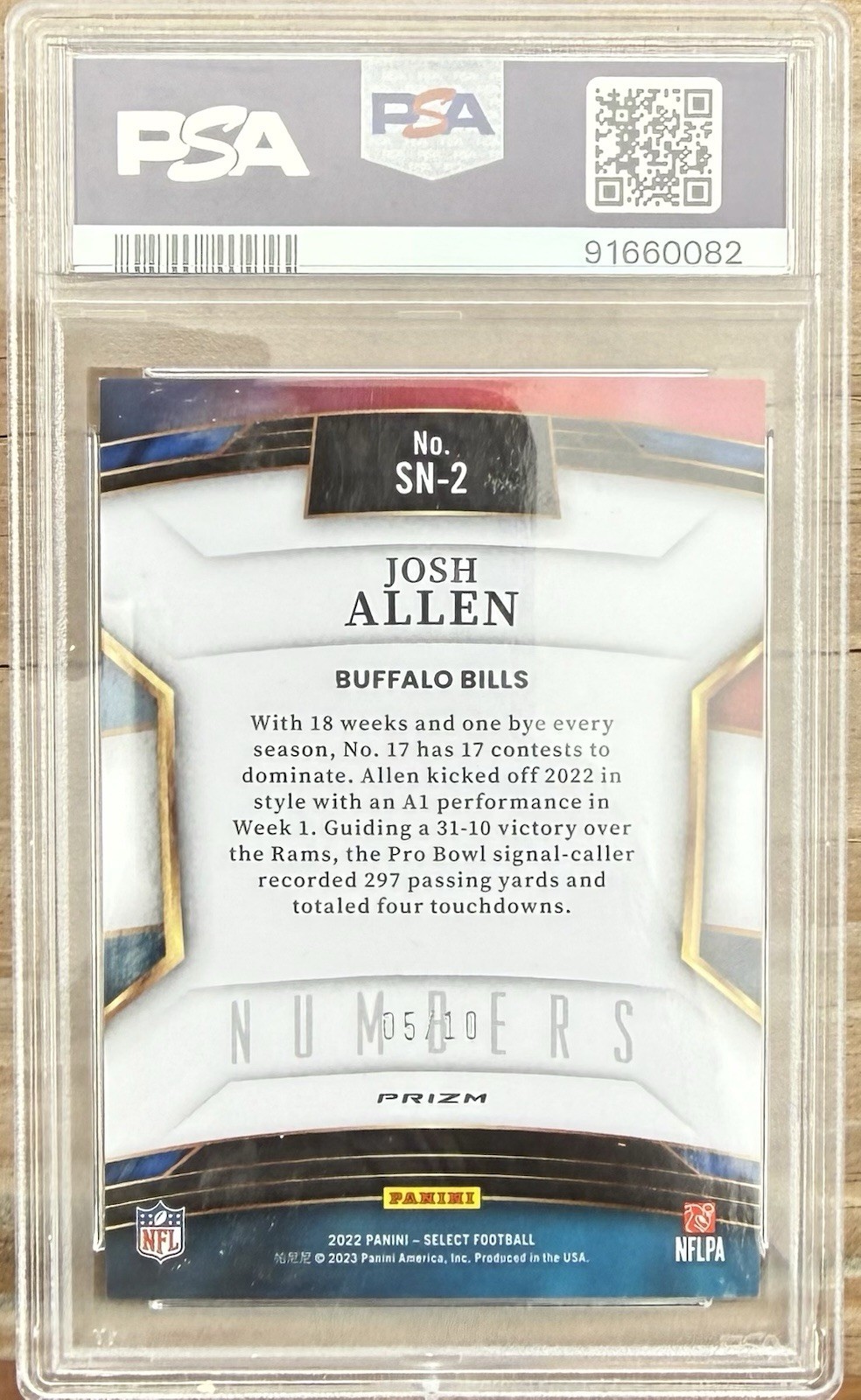 2022 Panini Select Numbers Josh Allen Bills Gold Prizm /10 Auto PSA 91660082 view 2