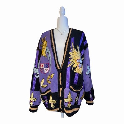 VTG Absolutely NO! Avant Garde Crest Cardigan Embroidered Art-To-Wear Knit OS