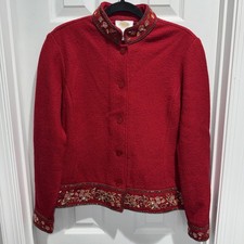 Talbots VTG Red Boiled Wool Jacket Small Christmas Holiday Floral Beaded