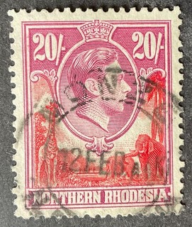 Northern Rhodesia 1938 20 shilling carmine red & rose purple stamp vfu