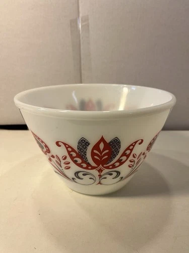 Vtg AH Fire King Red & Black Modern Tulip Tapered Splatter Mixing Bowl 8.5”