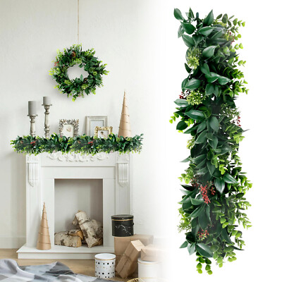 Patio Artificial Hanging Garland Faux Ivy Leaves Plants Vines, Green With Red