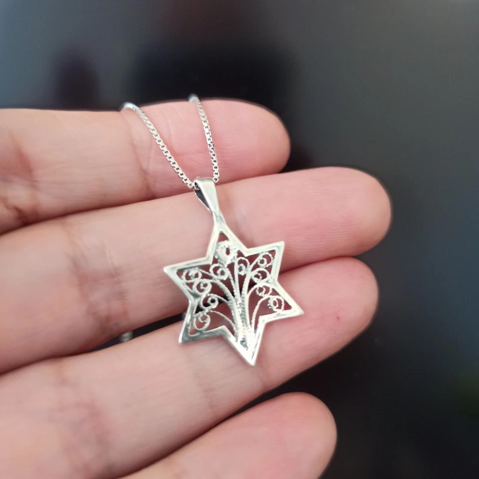Colar Star of David Tree of Life filigrana prata esterlina 925 presente delicado 17" - Imagem 3 de 4