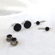 Silver Tone Black Tuxedo Cufflinks Button Set, Silver Tone Swank Round Cuff Link