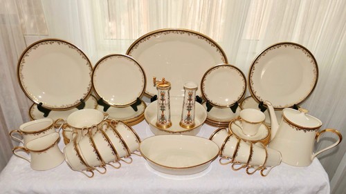 LENOX CHINA ECLIPSE Cream & Gold Trim 50 Pc Service For 6 Gold Backstamp Mint - Picture 2 of 24