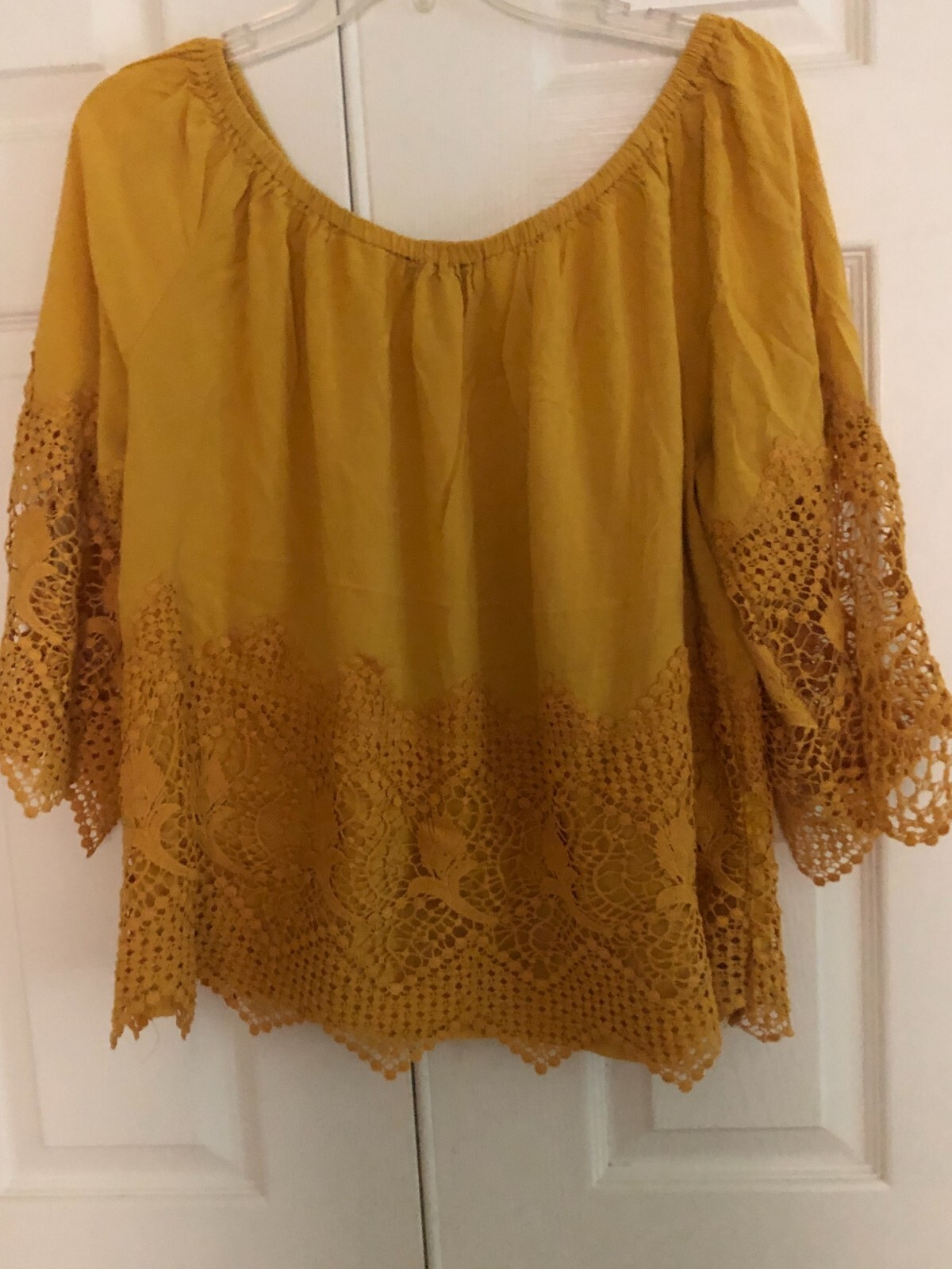 Miss Lili Plus Size 1X Off Shoulder Mustard Yellow Lace Trim Top Blouse Women image 4