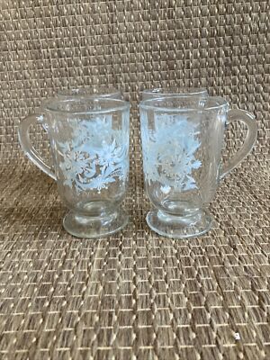 Libbey Footed Glass Mugs Flurry Snow Swirls Winter Blue White Snowflakes Set/ 4