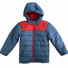 Nike Boys Puffer Jacket Size 6 Gray Red Hooded Winter Coat Zip Warm Quilted