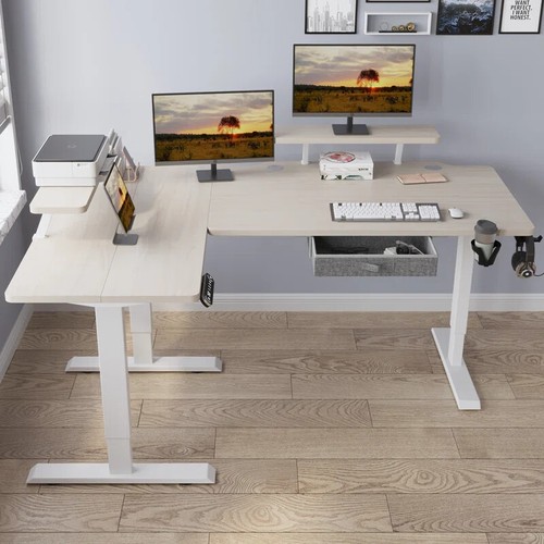 160cm L-Höhenverstellbarer Elektrischer Schreibtisch mit Laminatschublade Büro - Bild 2 von 80