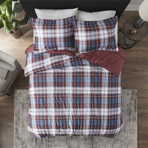 Red Blue Plaid 3 pc Comforter Set Twin XL Full Queen Cal King Bed 3M Scotchgard - Picture 2 of 7