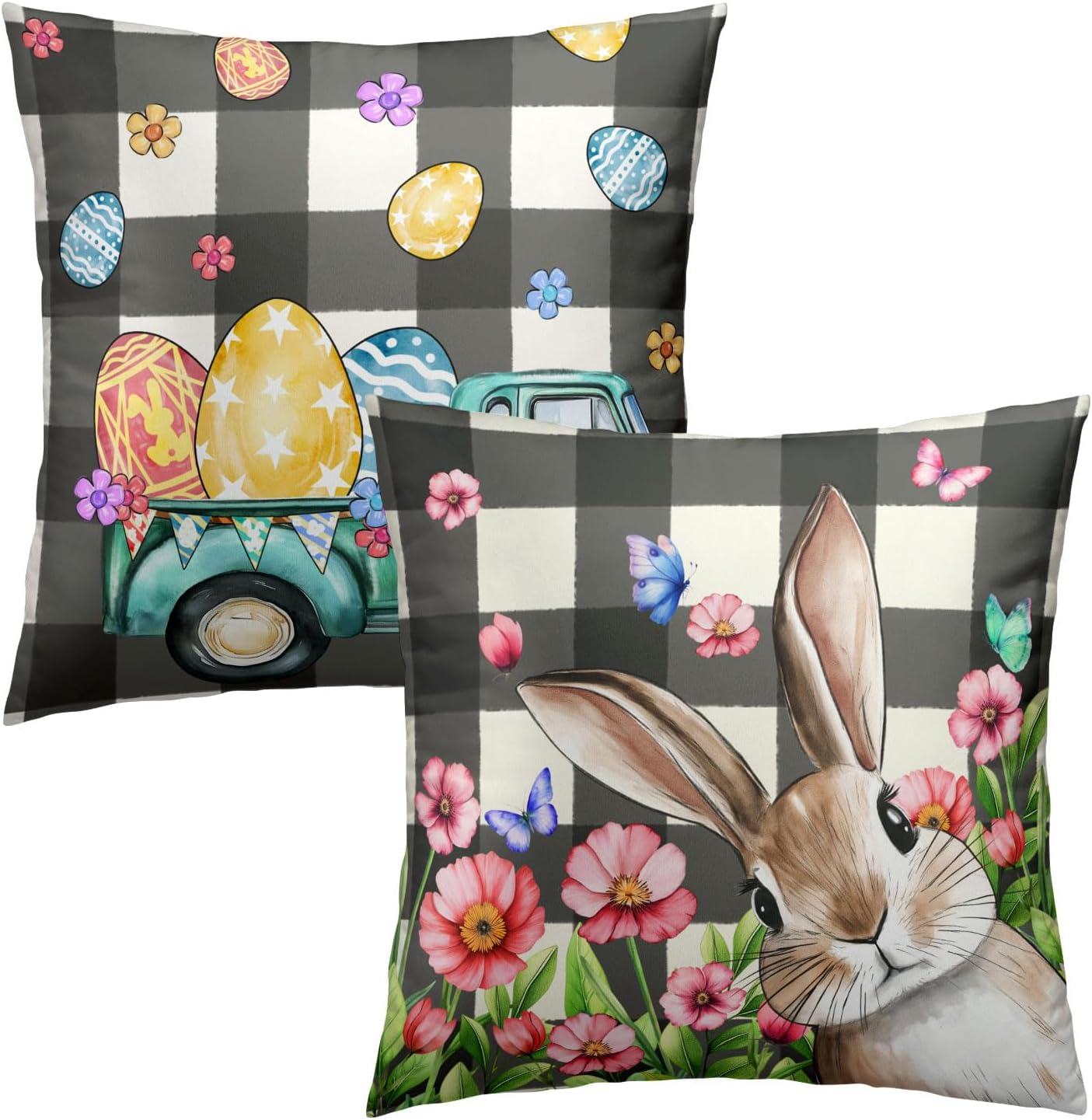 Easter Truck Eggs Bunny Pillow Covers Set of 2 18X18 Inch Farmhouse Decor