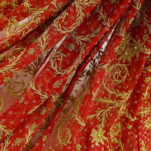 Vintage Heavy Bridal Dupatta Red Pure Chiffon Silk Long Stole Hand Embroidered - Picture 7 of 24