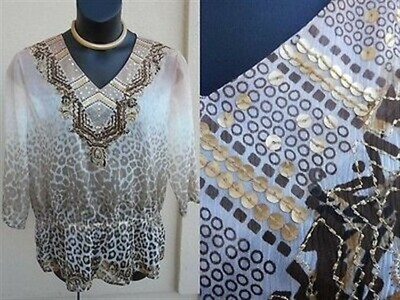 Chico's Limited Edition top shirt size 2 M L leopard gold sequin vneck blouse