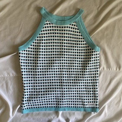 Unionbay Vintage Teal White Knit Cotton Blend Camisole Tank Top 90s Y2K XS/S