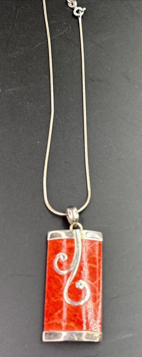 Red Coral Artisan Rectangular Pendant Necklace 92… - image 2