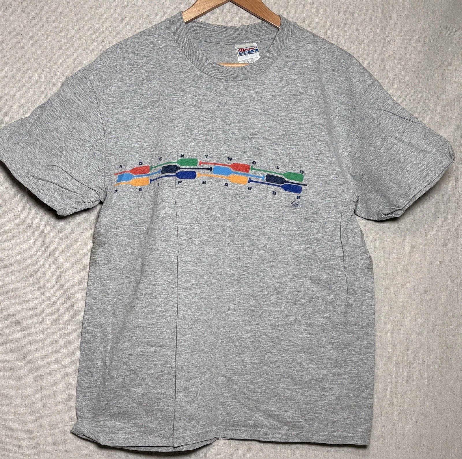 Vintage 1998 T-Shirt Rockyworld Deephaven Camp NH Gray Sz Large Hanes Squam Lake