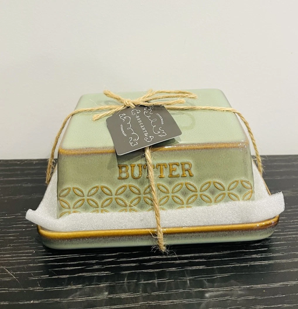 BROCANTE Green Glazed Ceramic Butter Dish 15x12cm