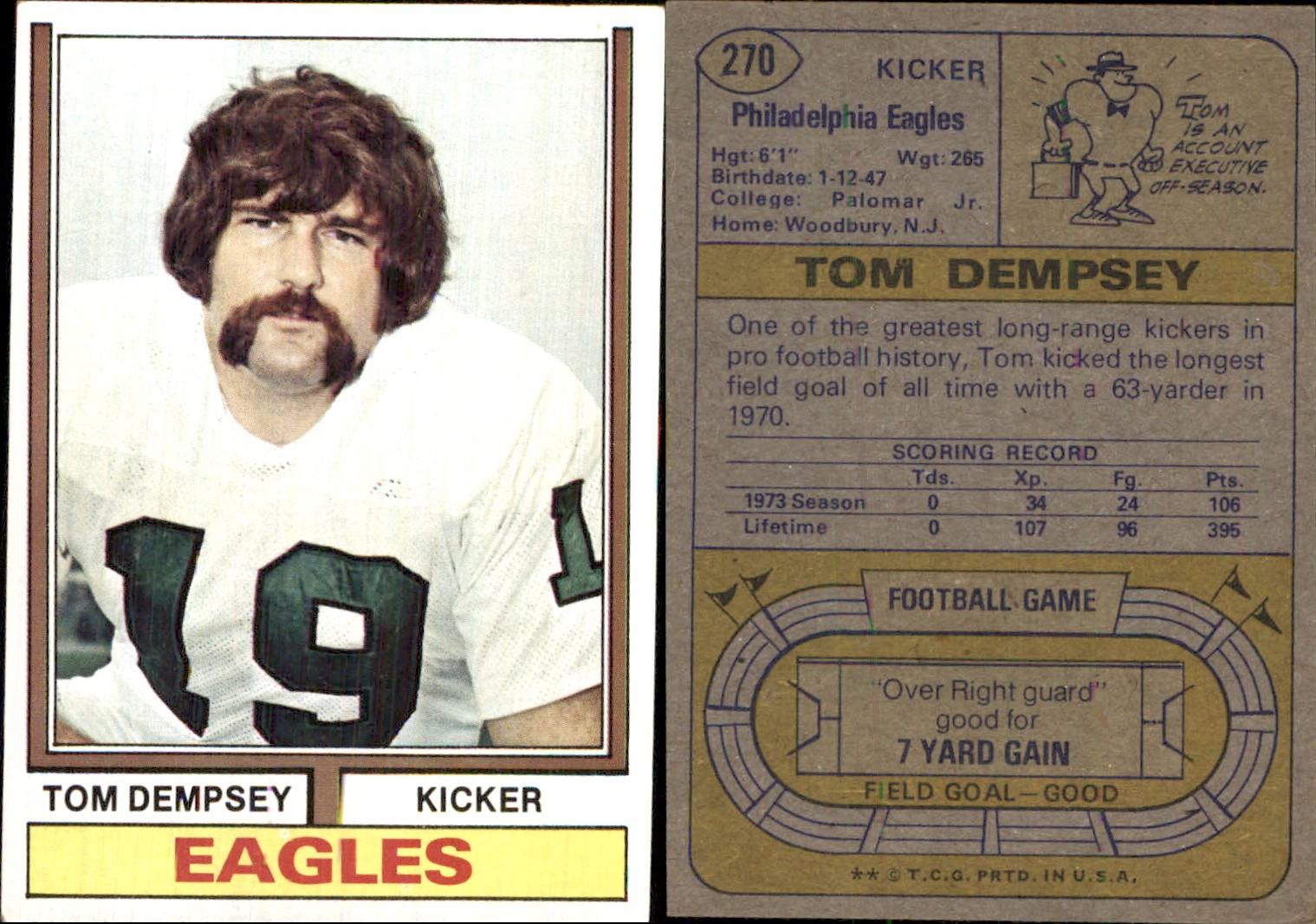 Tom Dempsey 1974 Topps #270 Card Philadelphia Eagles *AutographDen*