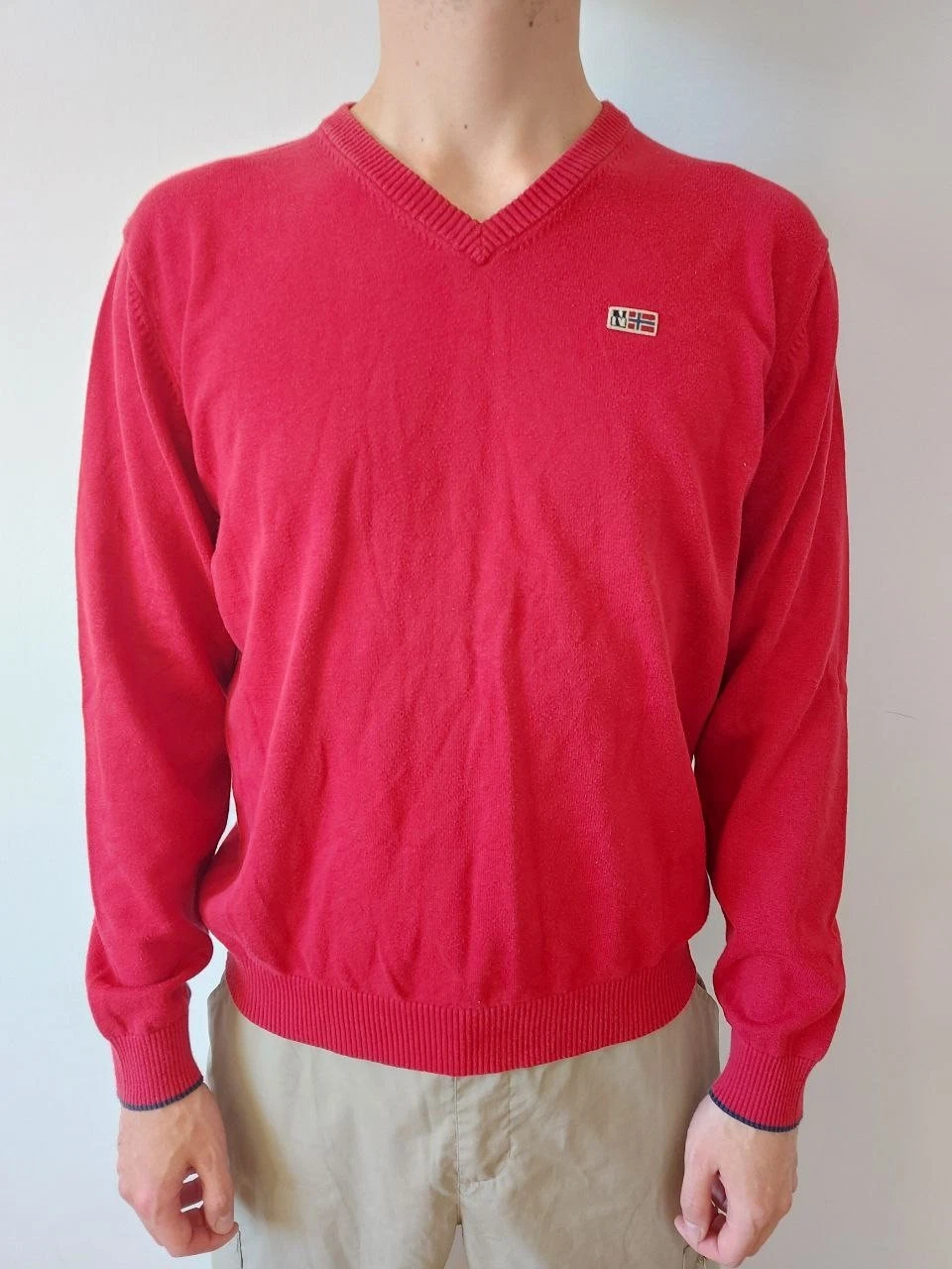 ALEXANDER MCQUEEN Napapijri Crimson Pullover Uomo Scollo a V Felpa Cotone Rosso Manica Lunga Taglia L