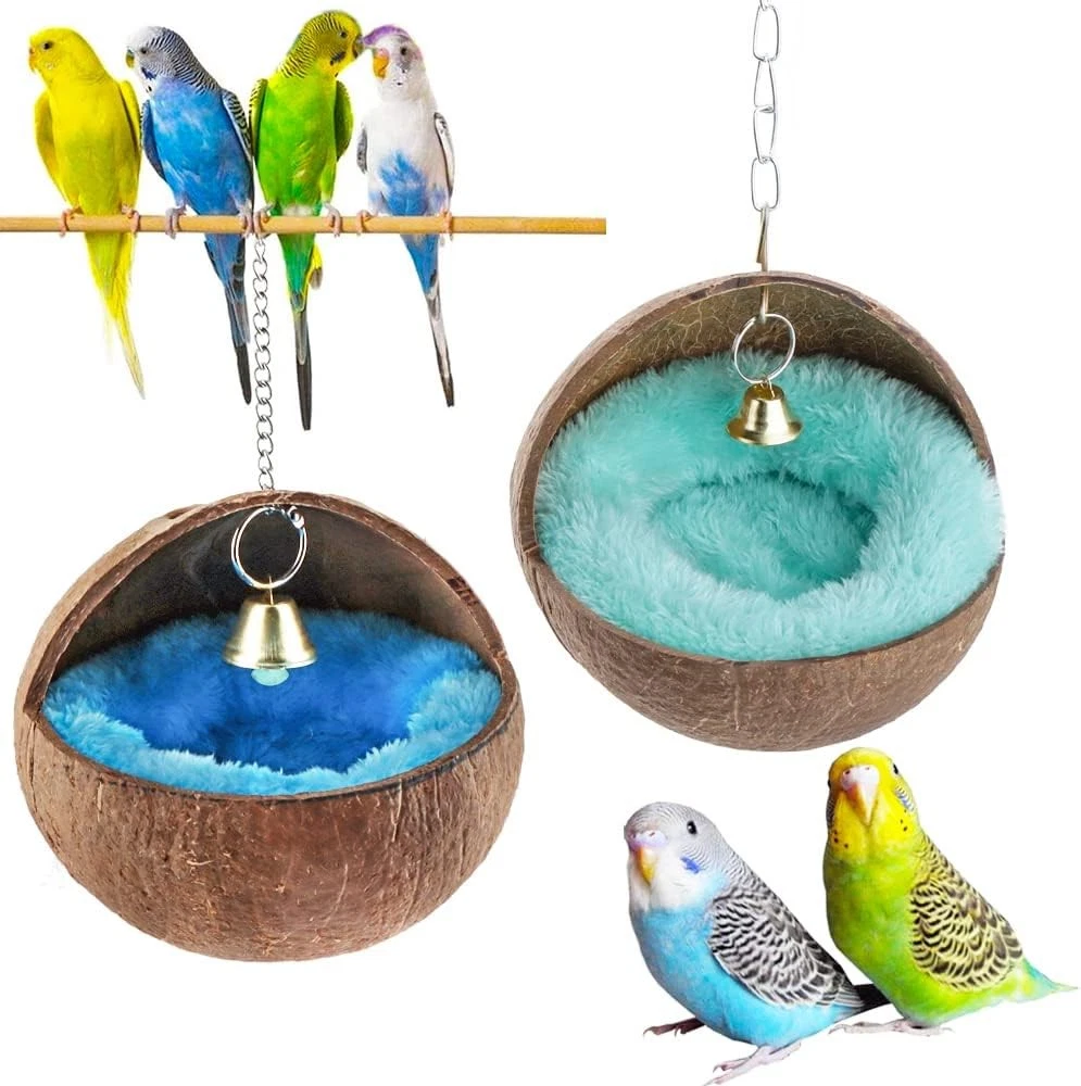 2 Pcs Natural Coconut Shell Bird Nest House with Warm Pad for Parrots Budgies
