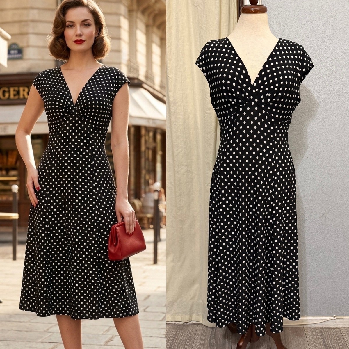chaps casual dresses Midi Dress Size M Black White Polka Dot V-Neck Flare Midi Shoulder Pads Throwback to a time product_Nelson Floral dress Waist Size:38