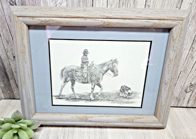 Vintage Western Cowboy Horse & Dog Framed Print Rustic Gray Wood Frame