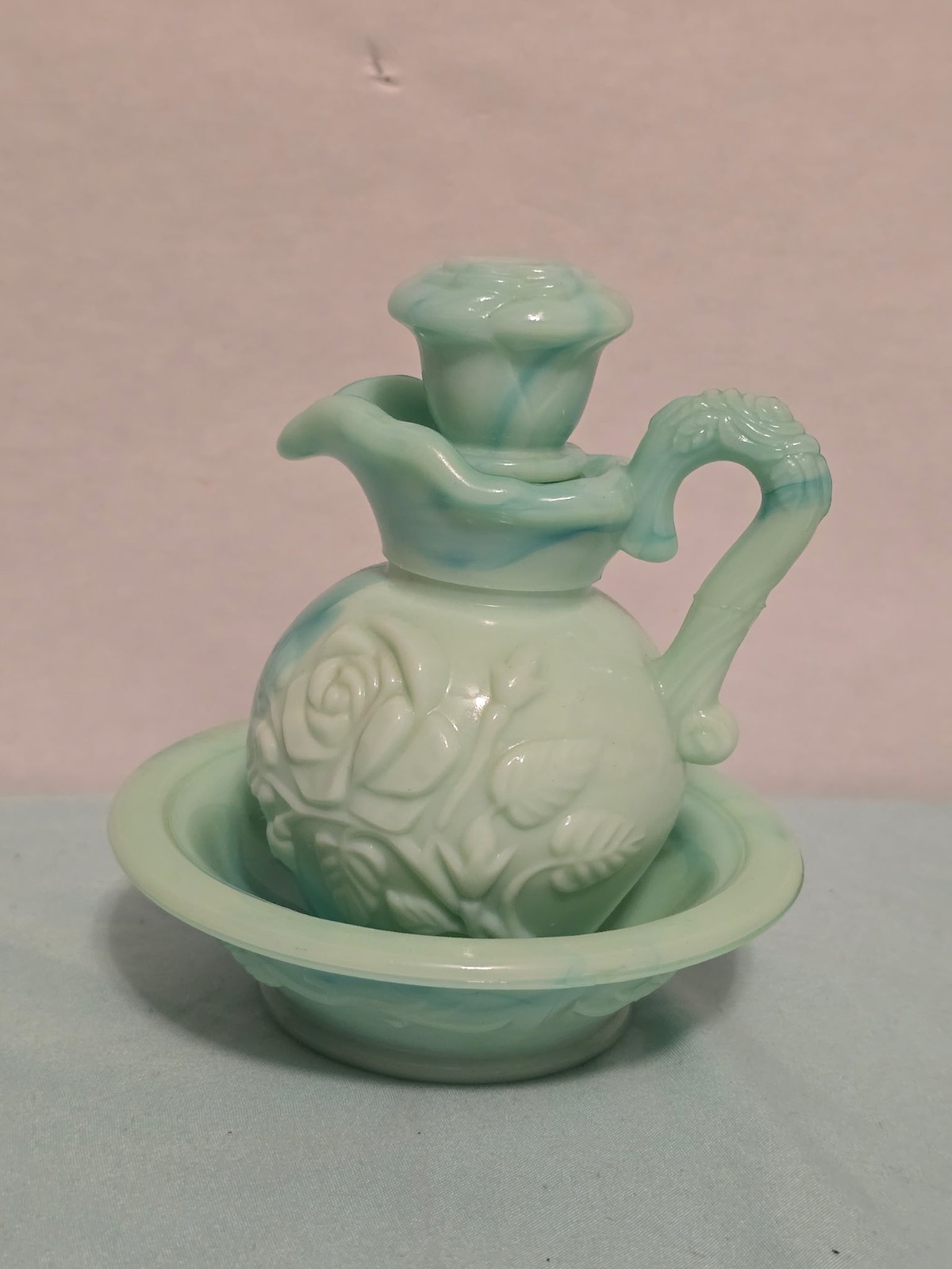 Vintage Avon Pitcher With Stopper And Underbowl Set Green Slag Jadite Glass Rose