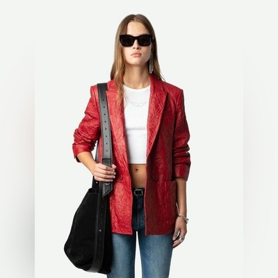 Zadig & Voltaire Visko Crinkled Red Lambskin Leather Blazer, Women's size 34, XS