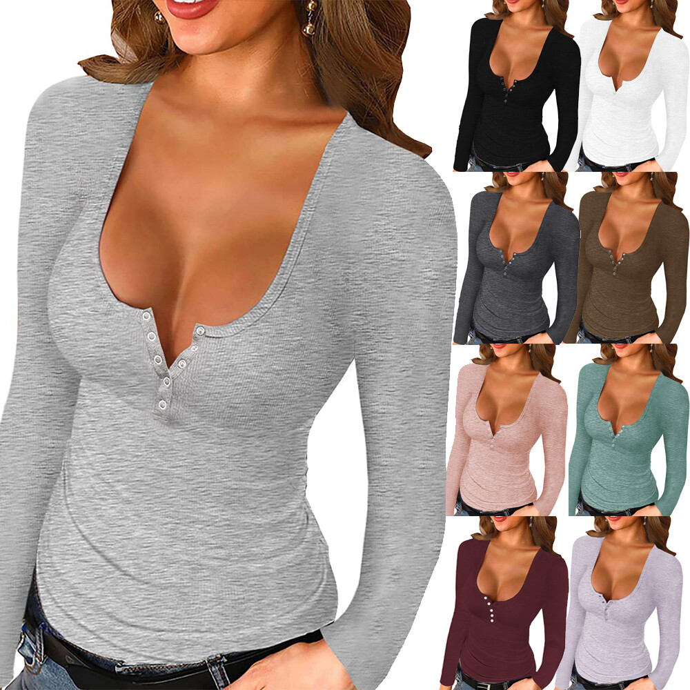 Womens Scoop Neck Henley Low Cut Solid Sexy Fall Long Sleeve Button