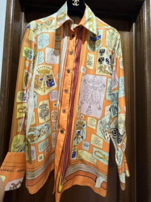 HERMES Silk Blouse - Size L, Collar Design, Elegant Luxury