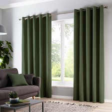 Image of 100% Cotton Bottle Green Semi-Plain Eyelet Ring-Top Lined Curtains OR Cushions