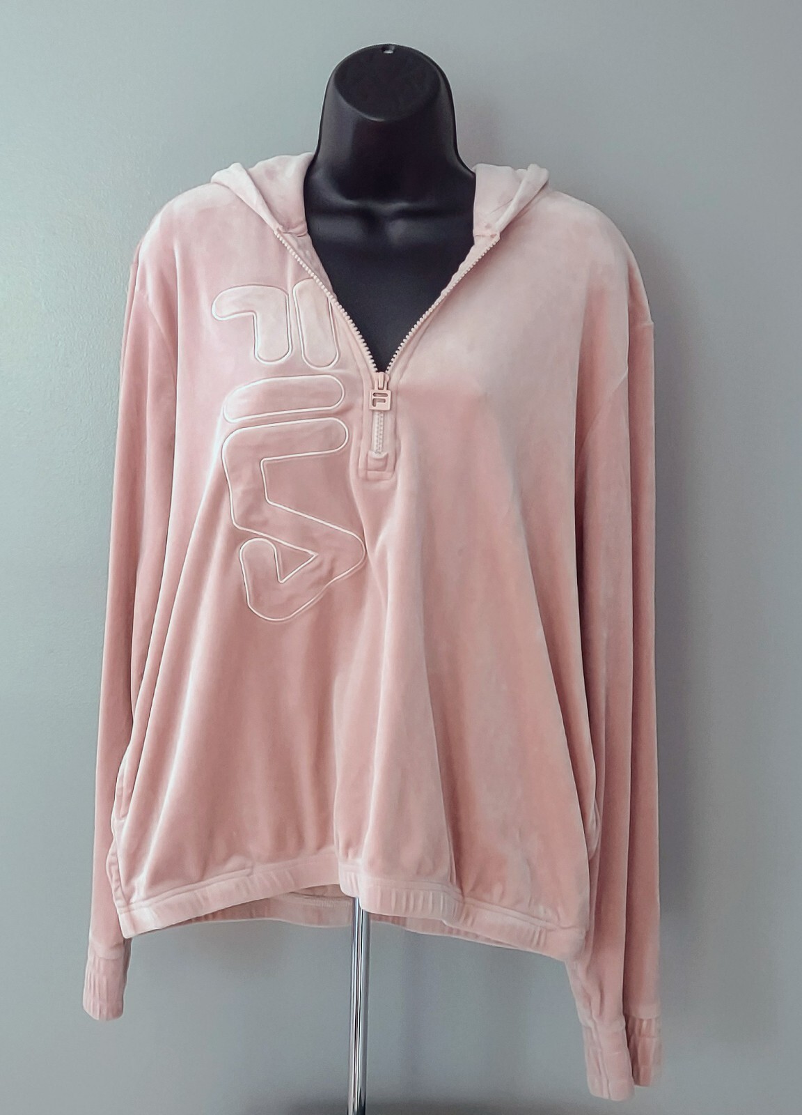 FILA Felpa con Cappuccio Manica Lunga Velour Quarto Zip Rosa Donna Taglia XL Giacca