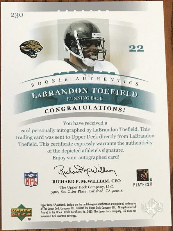2003 SP Authentic Rookie Autograph LaBrandon Toefield #230 #’d /1200 - Image 2 of 2