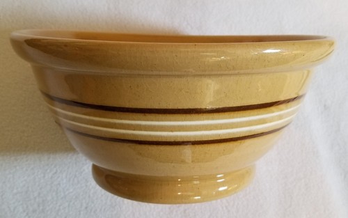 19th Century American Yellow Ware Mixing Bowl Brown & White Mocha Stripes 9-1/4" - Picture 9 of 19
