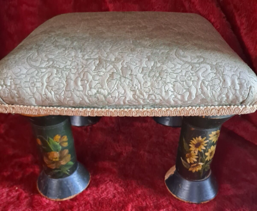 Vintage Tole Painted Spool Legs Cushioned Foot Stool Small Ottoman - Picture 1 of 21