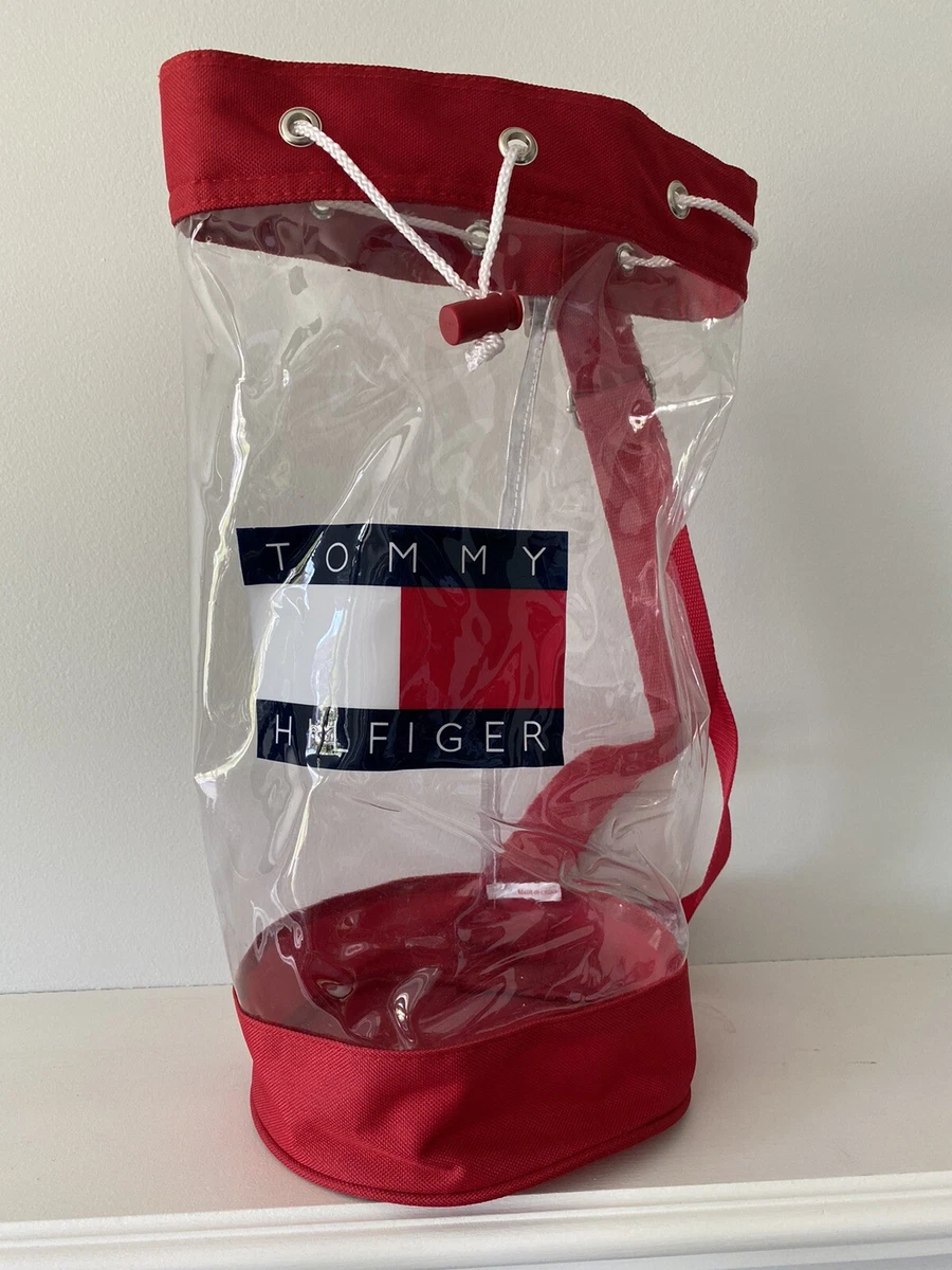 NOS Vintage 90s RED Tommy Hilfiger Flag Clear Drawstring Backpack Beach Bag