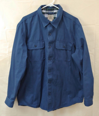 LL Bean Mens Plaid Flannel Lined Shirt Large Button Front Traditional Fit Blue