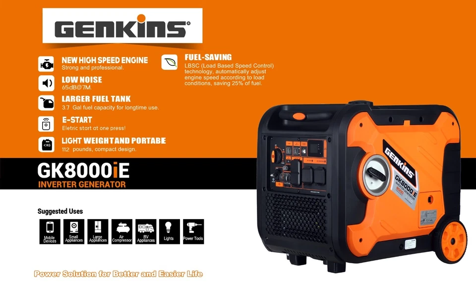 Generador Inversor Portátil Genkins 8000 Vatios Funcionamiento Silencioso Arrancador Eléctrico Foto 3 de 4