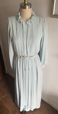 Vintage Dress Maxi Polyester Crepe Long Sleeves Lined Pleats Ruffles Blue SZ 10
