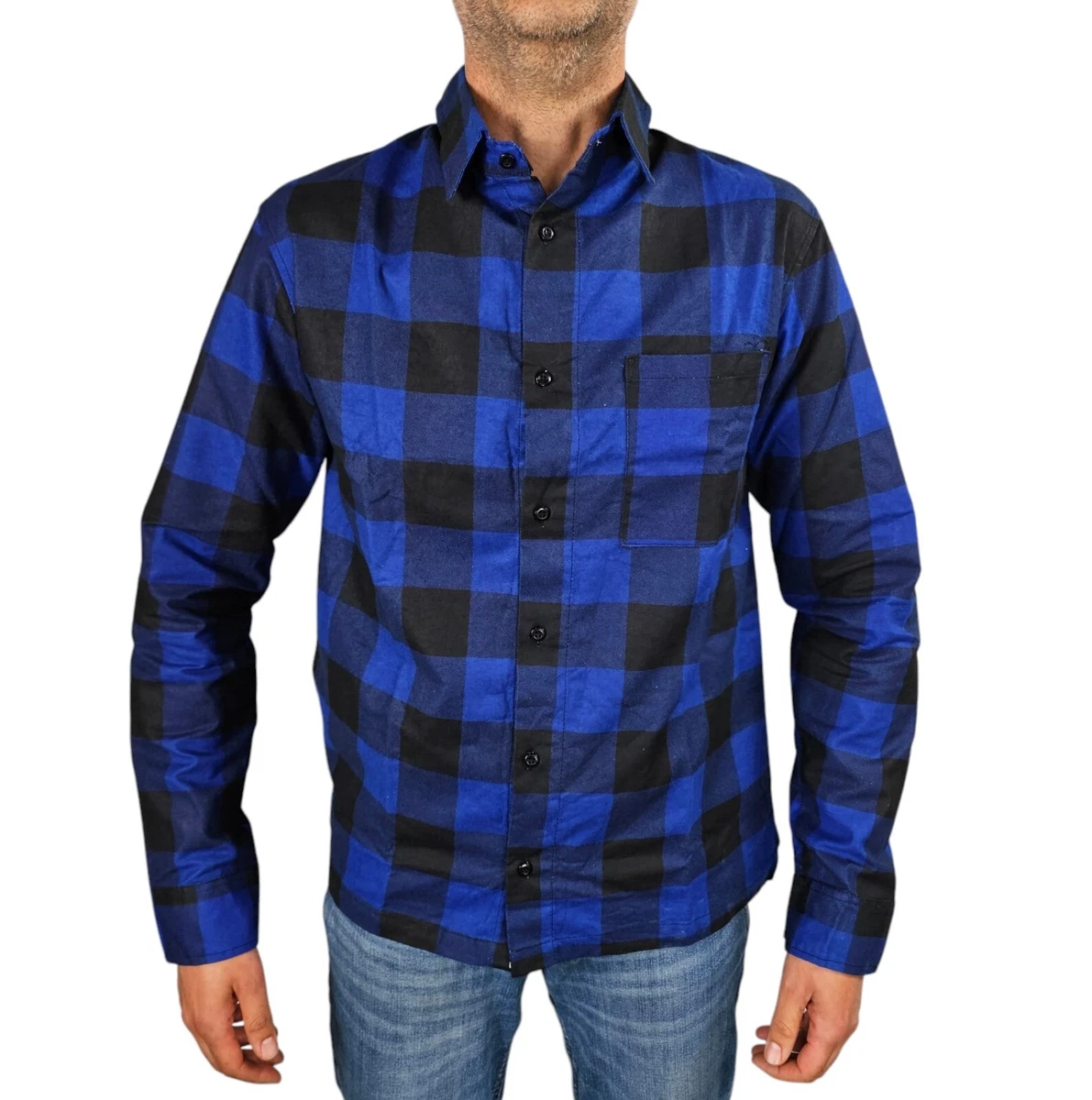 Cromoncent Camicia Uomo In Flanella Scozzese A Quadri - Bianco E Blu Marino, Misto Cotone Elastico, Maniche Lunghe, Casual