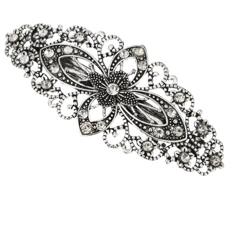 Estate Vintage Silver Faux Pearl and Rhinestone French Clip Hair Barrette 3.5\