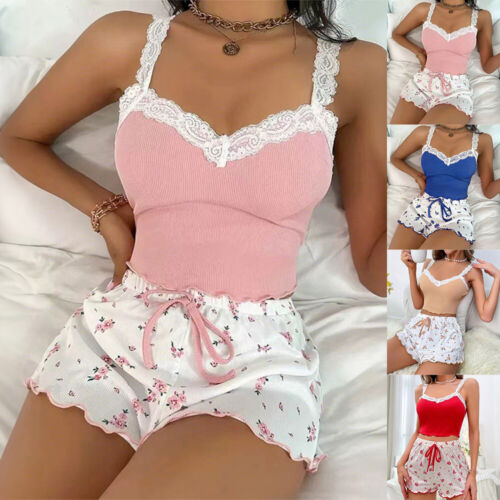 2pcs Women Lace Sleeveless Tank Tops Floral Shorts Set Outfits Pajamas Sleepwear