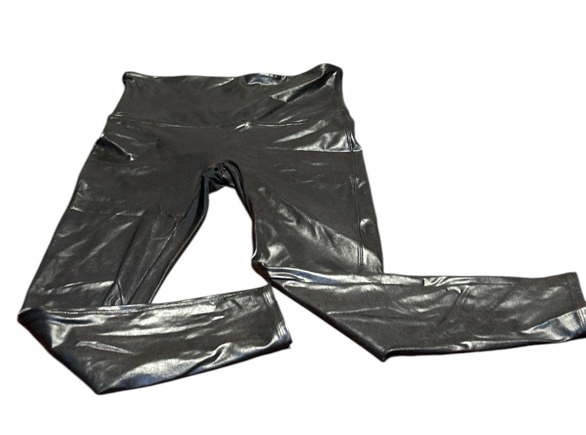 SPANX Leggings/Crop Petite Womens Sz P-XL Faux Leather Shiny MOTO Black