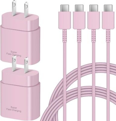 2pc - Samsung 25W Fast Charging USB C Wall Charger 5ft Cable Samsung Galaxy Pink