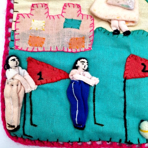 VTG Arpillera Folk Art Wall 3-D Quilt Tapestry Applique GOLF 10" - Picture 3 of 7